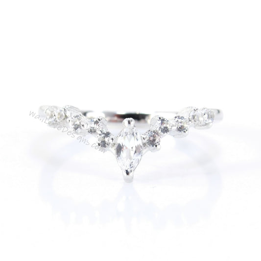 Diamond Cluster Marquise Round Wedding Band, Unique V Shaped Ring, Matching Nesting Band, 14k 18k Solid Gold Rose White Yellow or Platinum Wan Love Designs