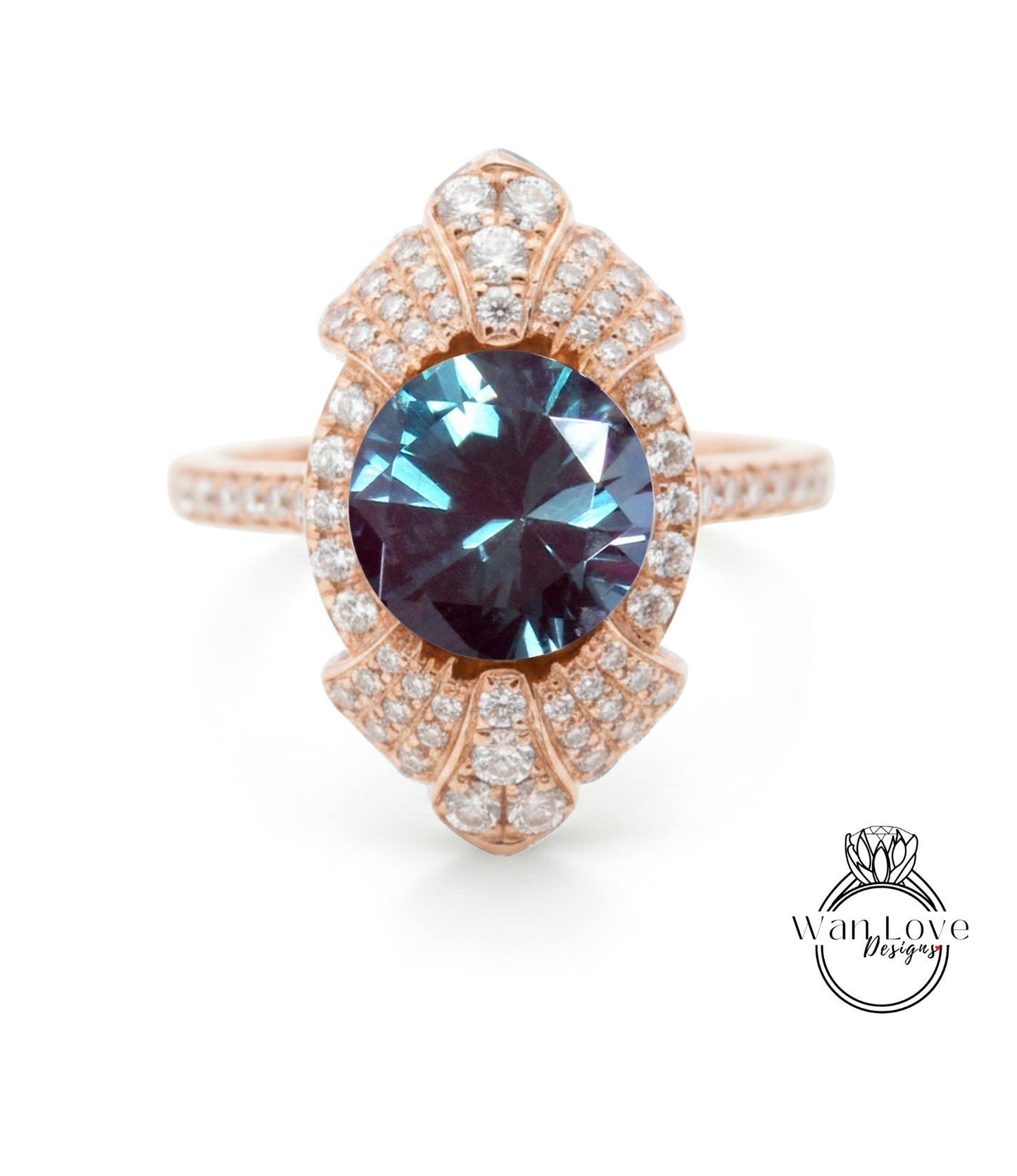 A rose gold ring with a large blue gemstone at the center, surrounded by smaller diamonds.