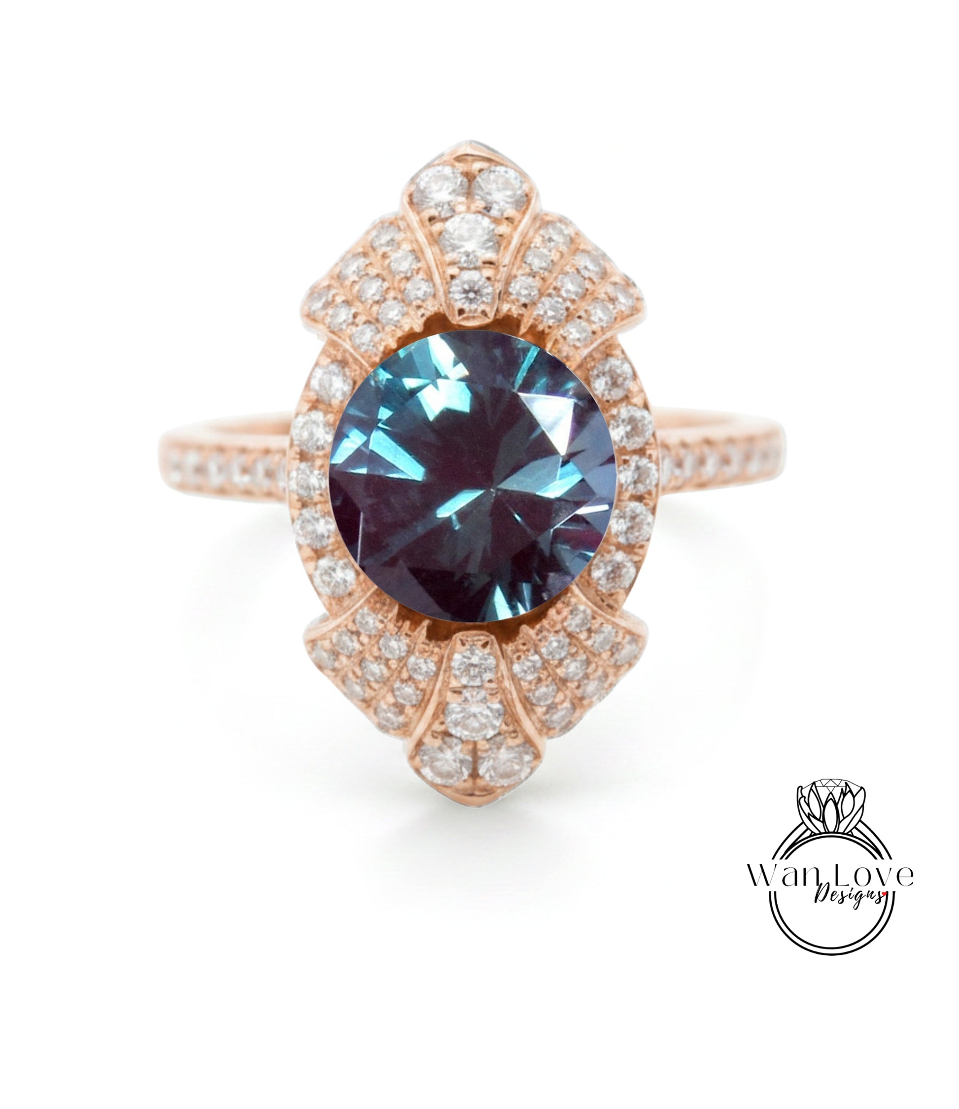 A rose gold ring with a large blue gemstone at the center, surrounded by smaller diamonds.