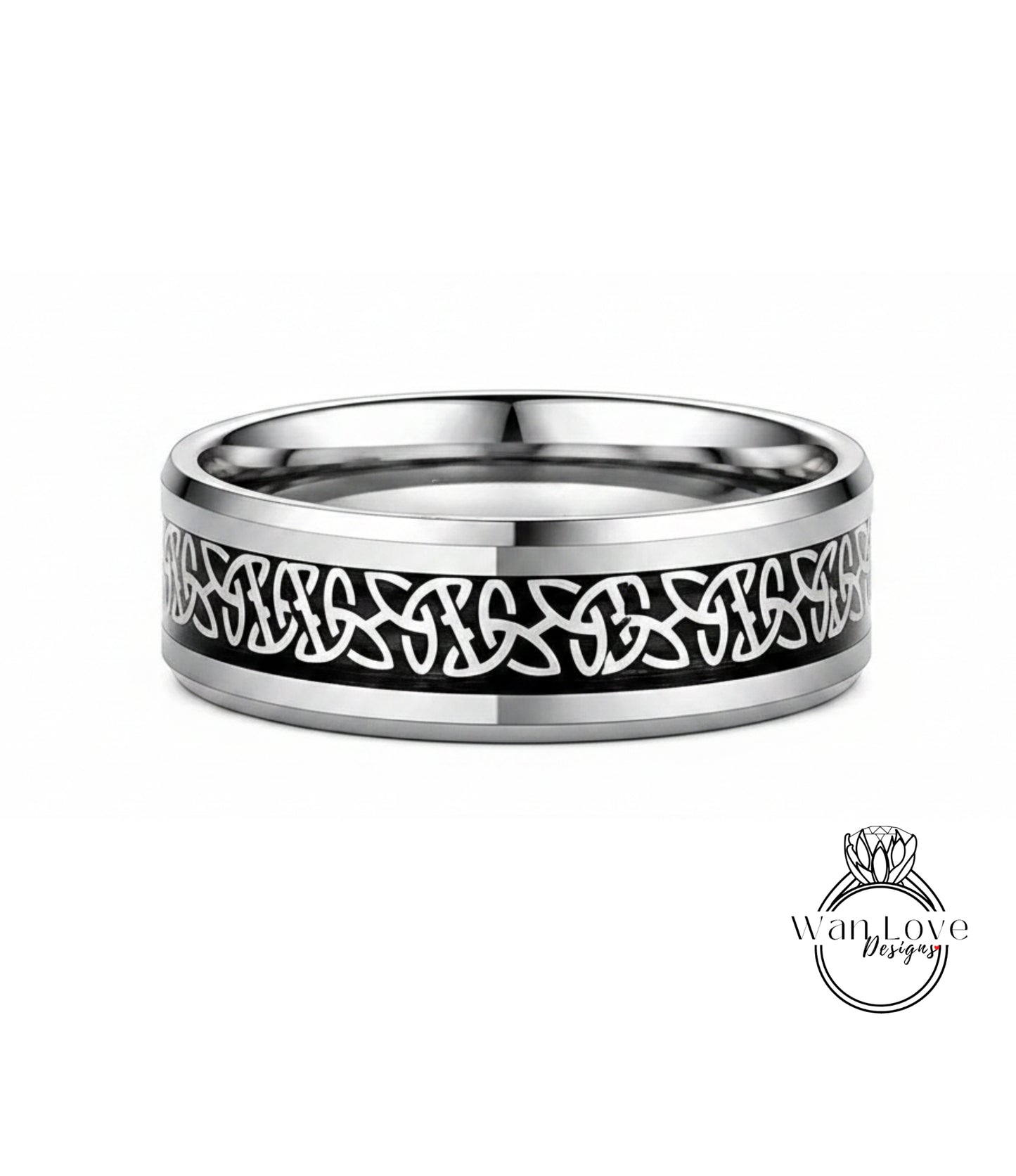 A silver ring with a black Celtic knot design on the band.