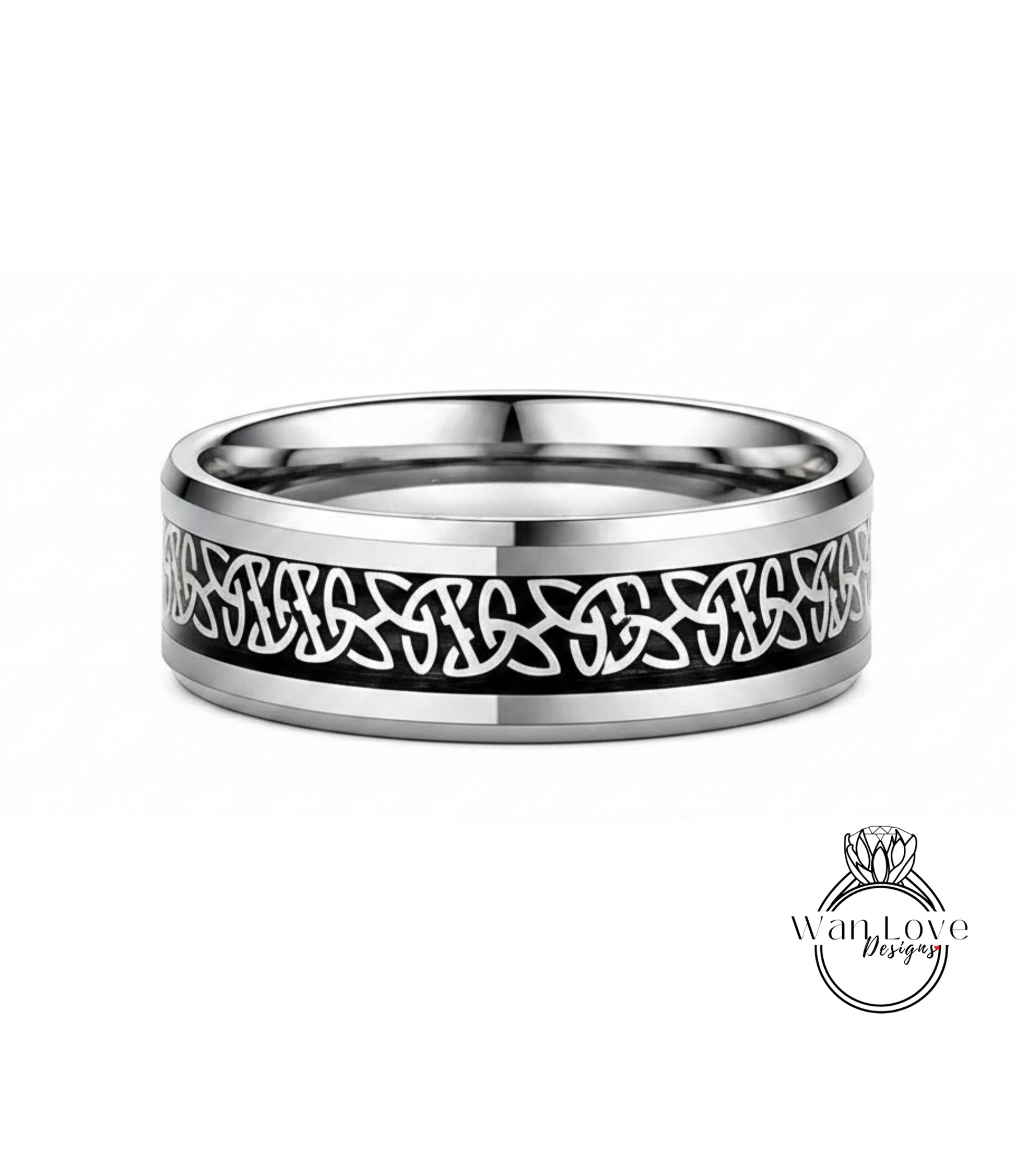 A silver ring with a black Celtic knot design on the band.