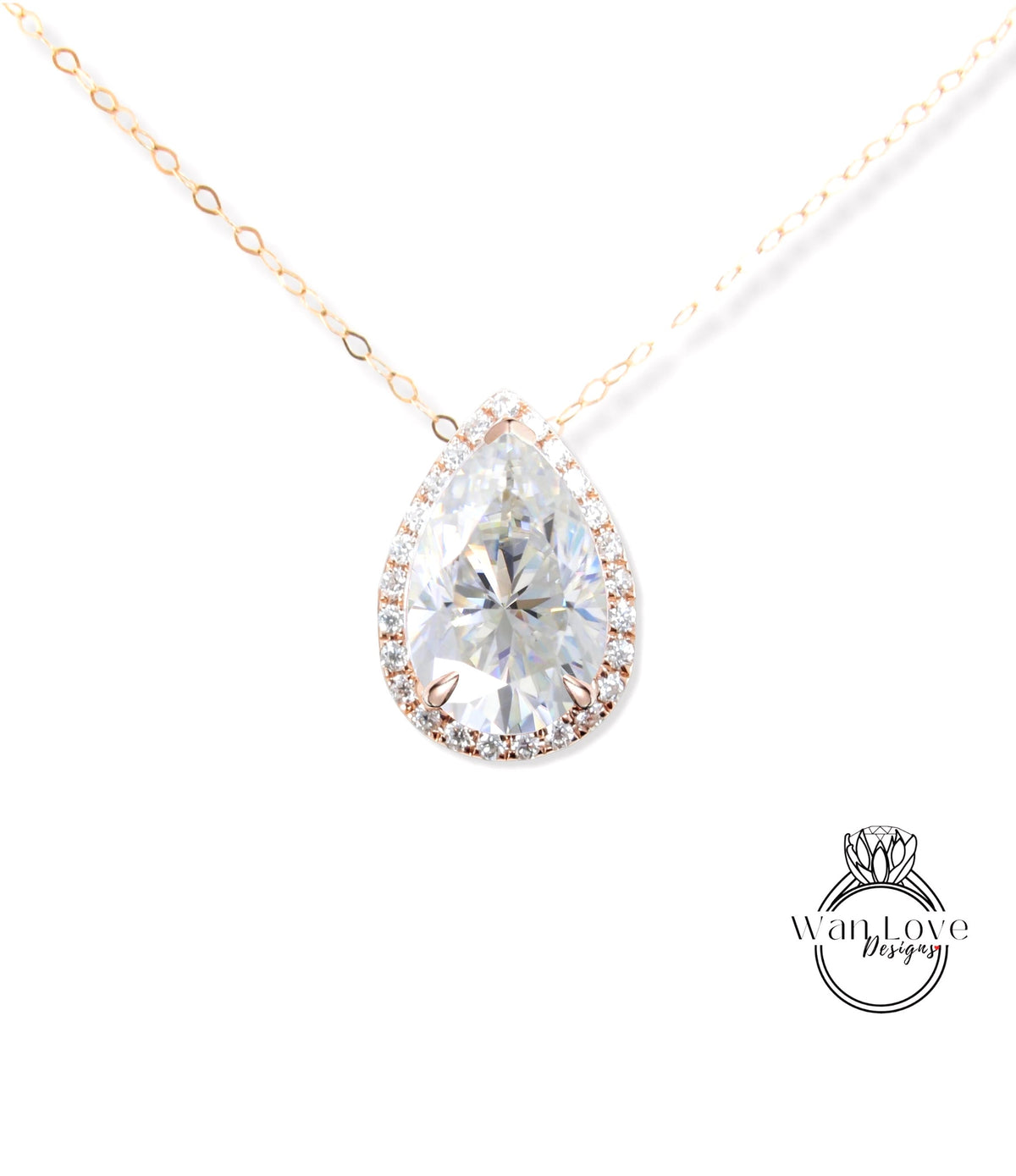 A close-up of a diamond pendant with a large, clear gemstone set in a halo of smaller diamonds, suspended from a gold chain.