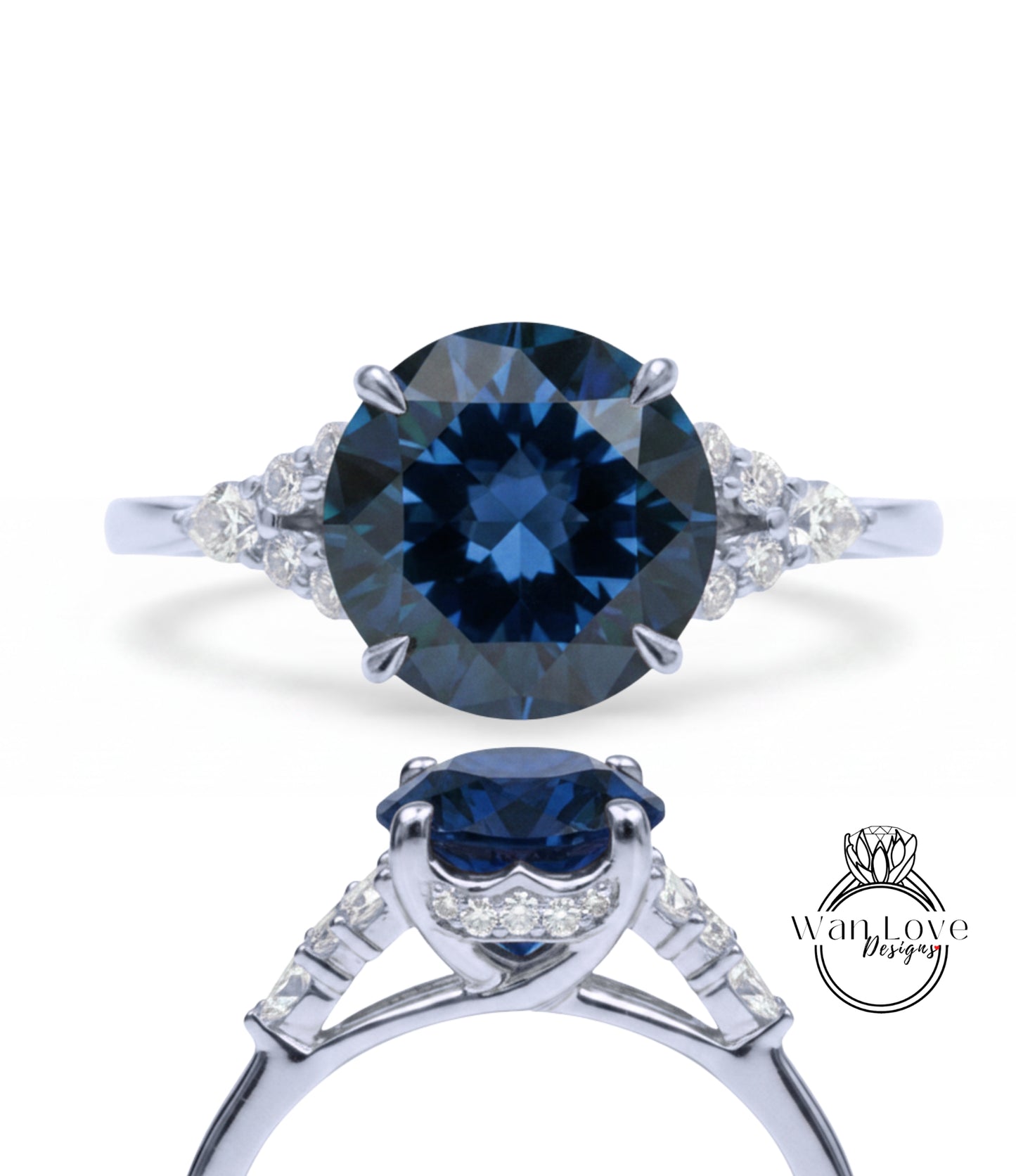 A stunning blue diamond engagement ring with a large central diamond surrounded by smaller diamonds on either side. The ring is set in a silver band, and the image showcases the intricate design and craftsmanship of the piece.