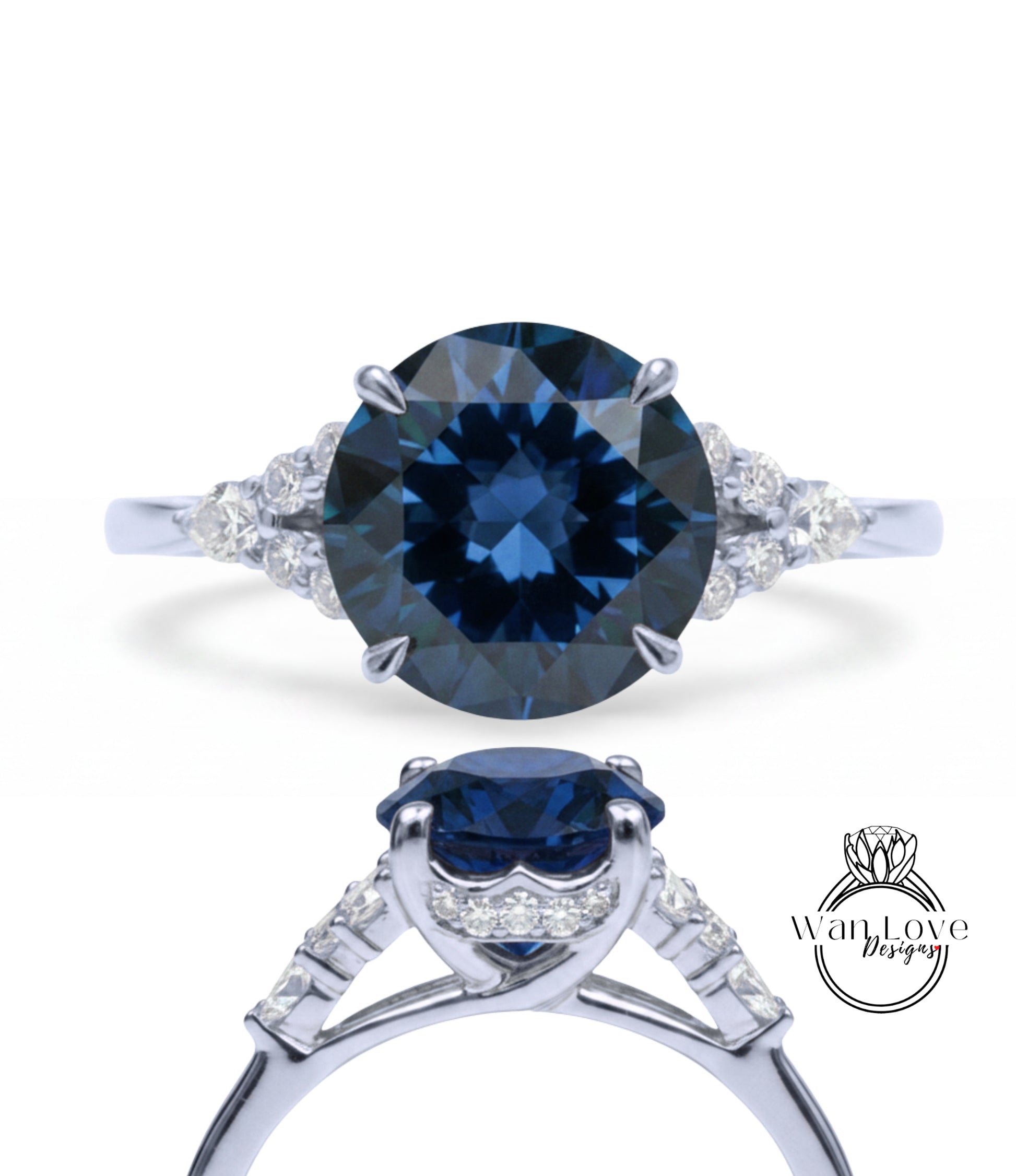 A stunning blue diamond engagement ring with a large central diamond surrounded by smaller diamonds on either side. The ring is set in a silver band, and the image showcases the intricate design and craftsmanship of the piece.