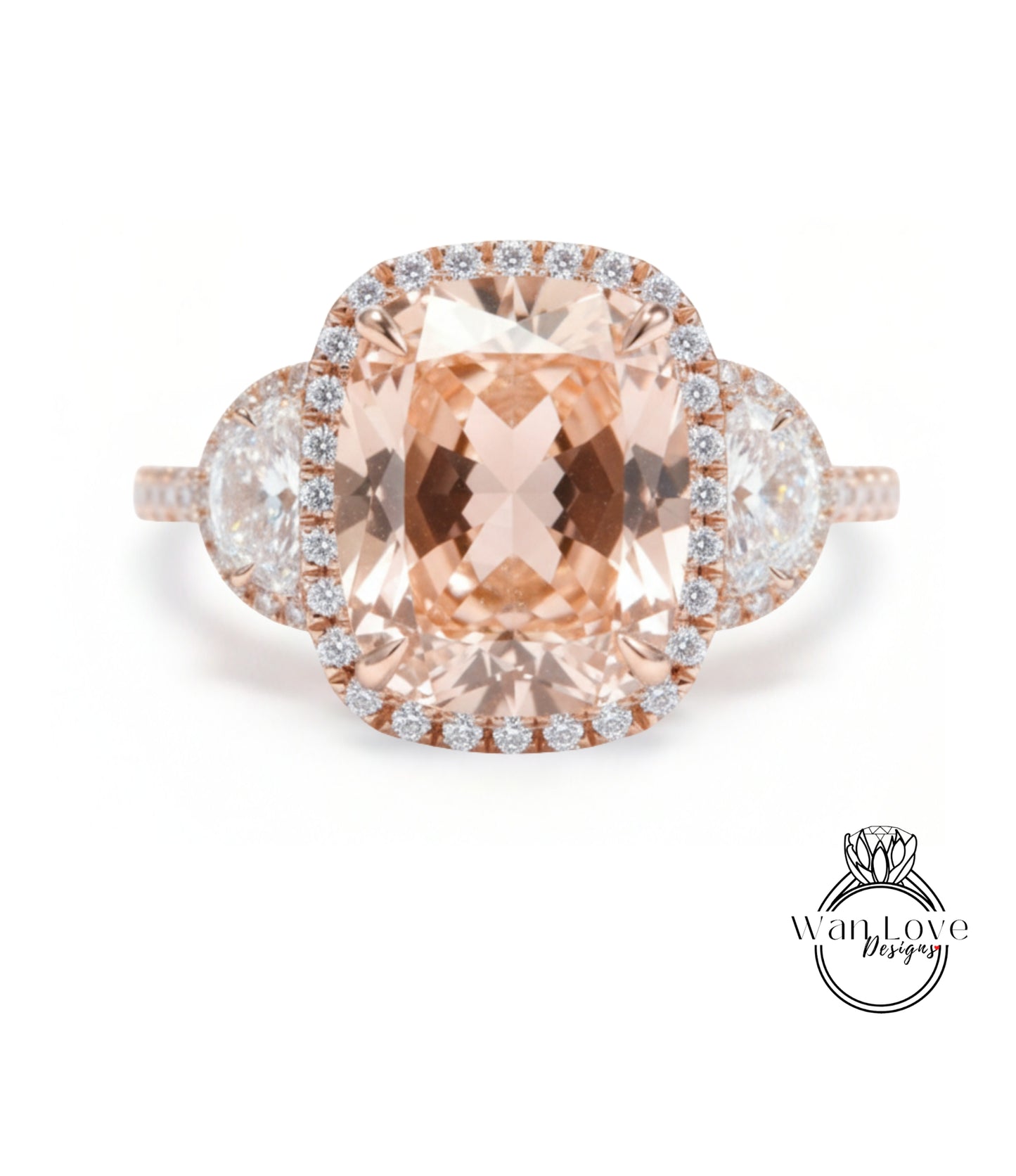 A large, oval-shaped pink gemstone set in a halo of smaller diamonds, with a rose gold ring band.