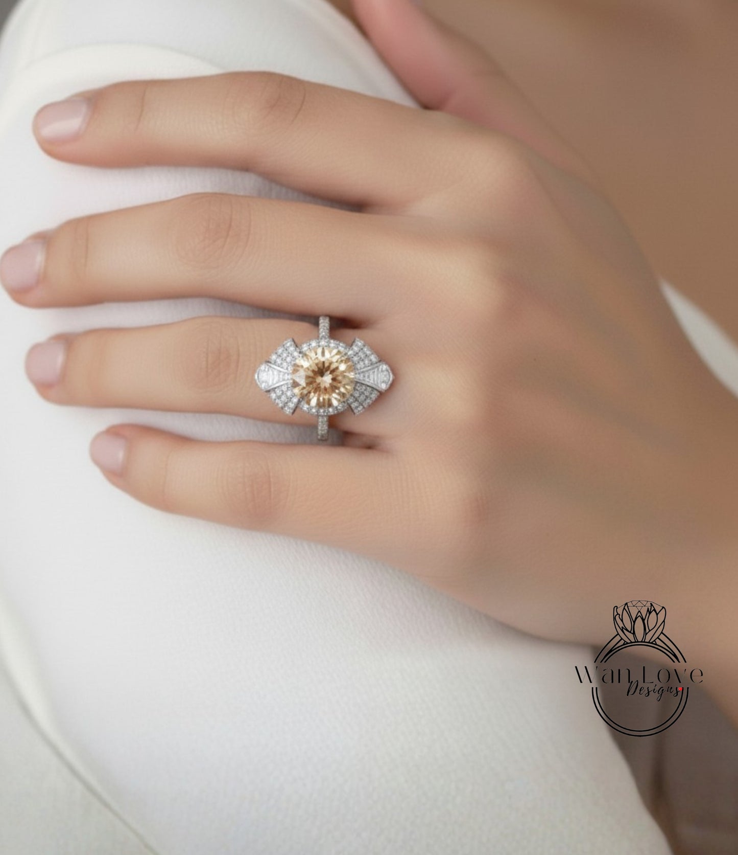 A close-up of a person's hand wearing a large, ornate diamond ring on the ring finger.