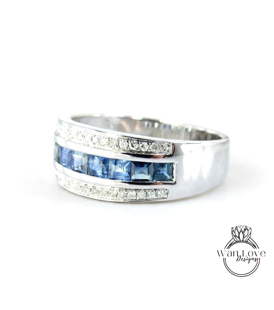 Diamond Men's Blue Sapphire Ring - Sapphire Ring Men - Sapphire Wedding Band - 3 row Band Sapphires - Unique Mens Band - Ring For Men -Ready