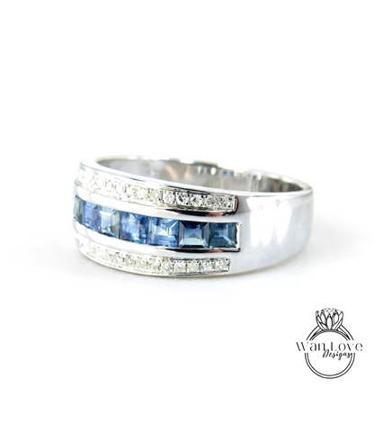 Diamond Men's Blue Sapphire Ring - Sapphire Ring Men - Sapphire Wedding Band - 3 row Band Sapphires - Unique Mens Band - Ring For Men -Ready