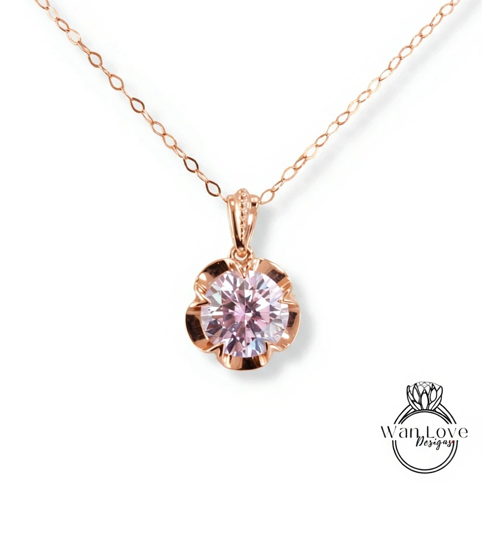 14k Solid Gold Diamond Buttercup Necklace, Round Shape Birthstone Sapphire Moissanite Charm, Dainty Chain Necklace, Flower Charm Necklace, Special Gift for her