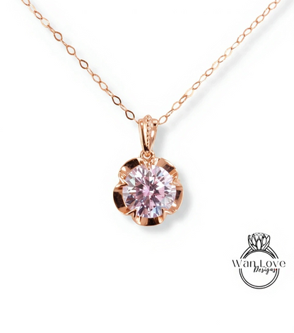 14k Solid Gold Diamond Buttercup Necklace, Round Shape Birthstone Sapphire Moissanite Charm, Dainty Chain Necklace, Flower Charm Necklace, Special Gift for her