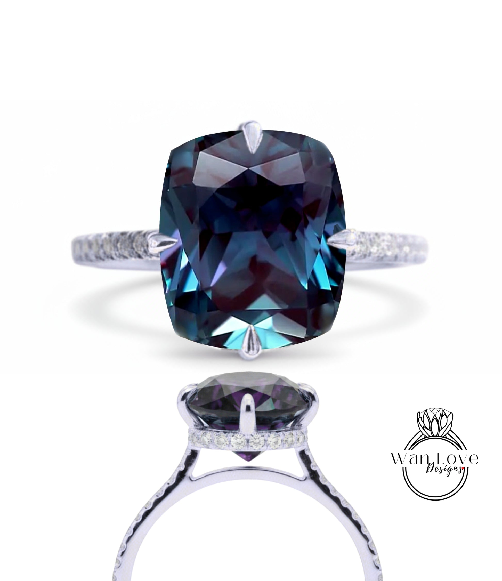 A large, blue gemstone ring with a silver band and a smaller gemstone on the bottom.