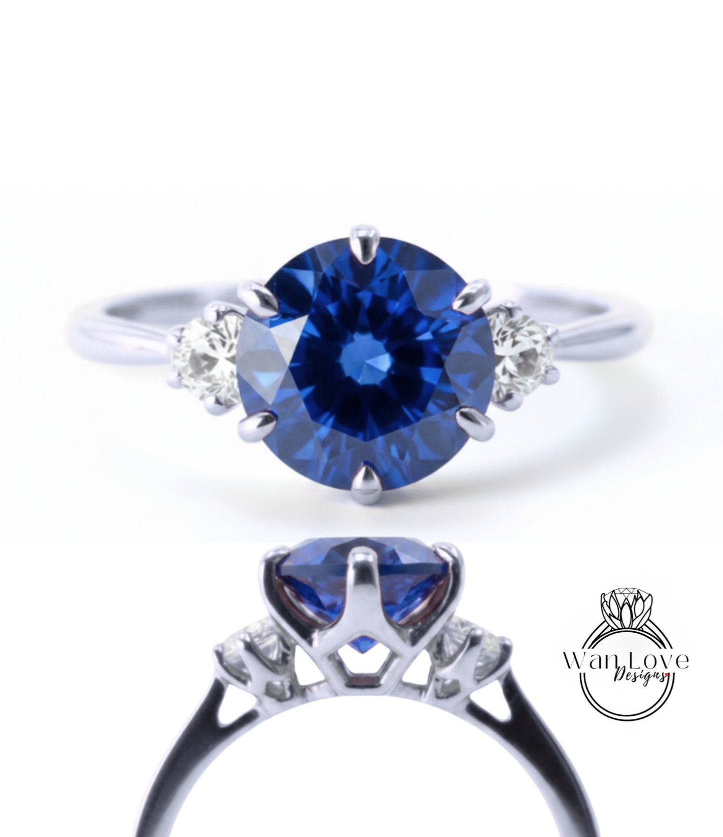a silver ring with a large blue gemstone, likely a sapphire, as the centerpiece. The ring is adorned with smaller diamonds on either side of the blue gemstone, creating a striking contrast against the silver band.