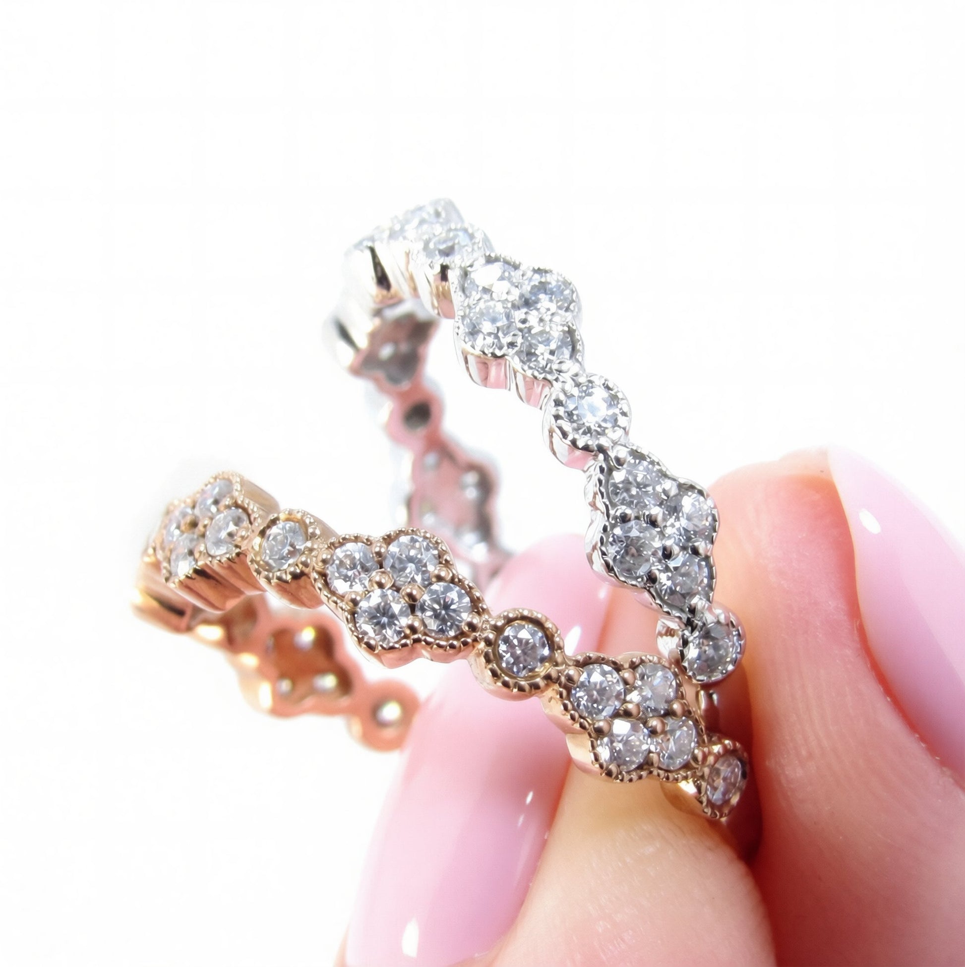 Moissanite clover wedding band rose or white gold ring moissanite bezel set ring stacking matching band Unique Bridal Anniversary ring-Ready