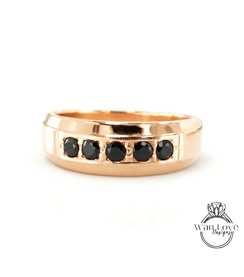 Mens Black Diamond Wedding Ring | White Gold Mens Wedding Band | Round Cut Black Spinel Band | 14k/18k Gold/Platinum Ring |His Wedding Band