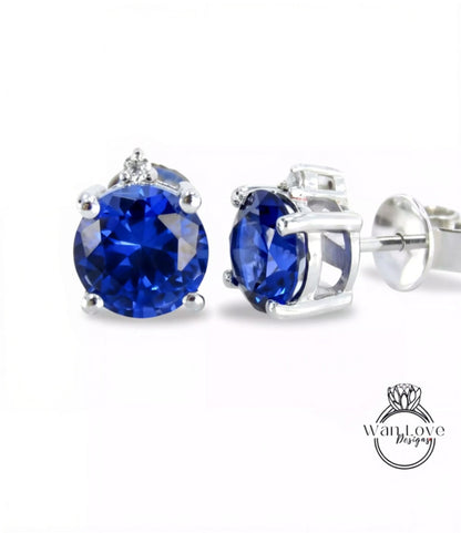 Blue Sapphire & Moissanite Round stud Earring Screw Push Back 4 Prong, 1ct each ,2cttw, Custom, White Gold, Aniversary Gift, Ready to Ship Wan Love Designs