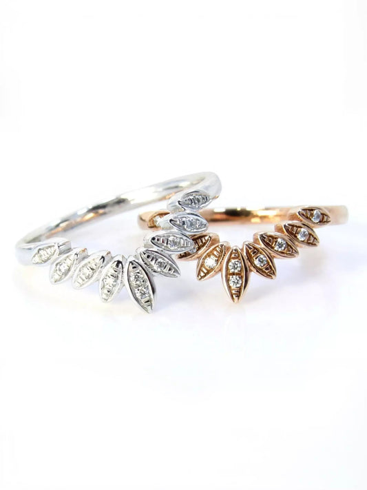 Moissanite Curved Nesting 9 Leaf Wedding Band Contoured moissanite Matching Flush ring White or Rose Gold curved bridal leaf ring-Ready Wan Love Designs