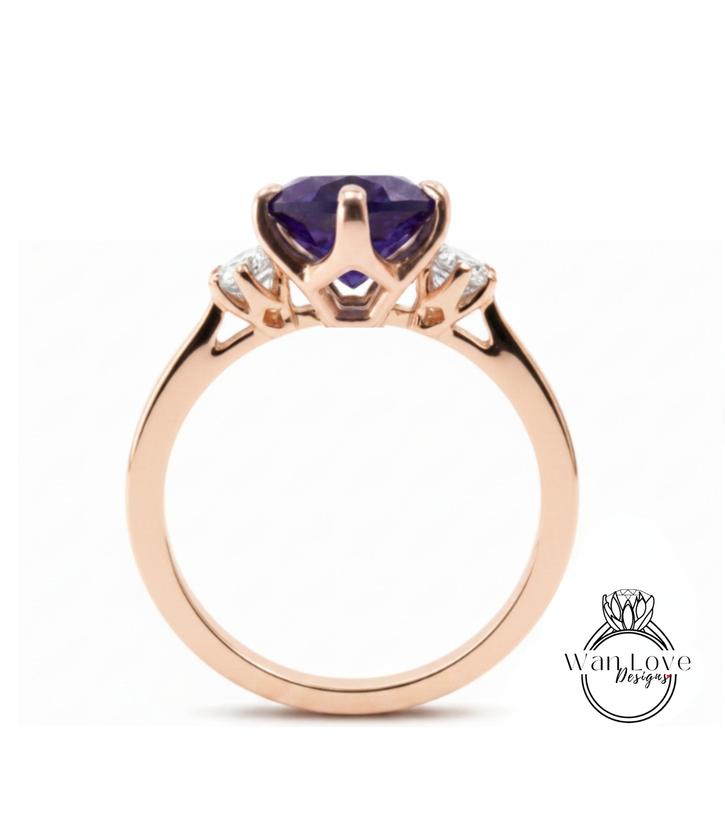 A gold ring with a large purple gemstone set in the center, surrounded by smaller diamonds.