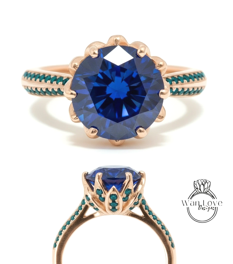 a stunning blue gemstone ring with a gold band and a delicate floral design. The ring is adorned with a large blue gemstone at the center, surrounded by smaller blue gemstones that create a beautiful contrast. The ring is set in a gold band, which complements the blue gemstone and adds to its elegance. The image showcases the ring from two different angles, providing a comprehensive view of its design and craftsmanship.