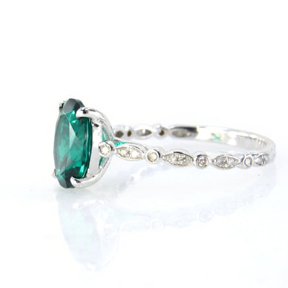 3ct Vintage Oval Emerald Diamonds Scalloped Art Deco Solitaire Engagement Ring, 18k White Gold Ring, Ready to Ship Ring