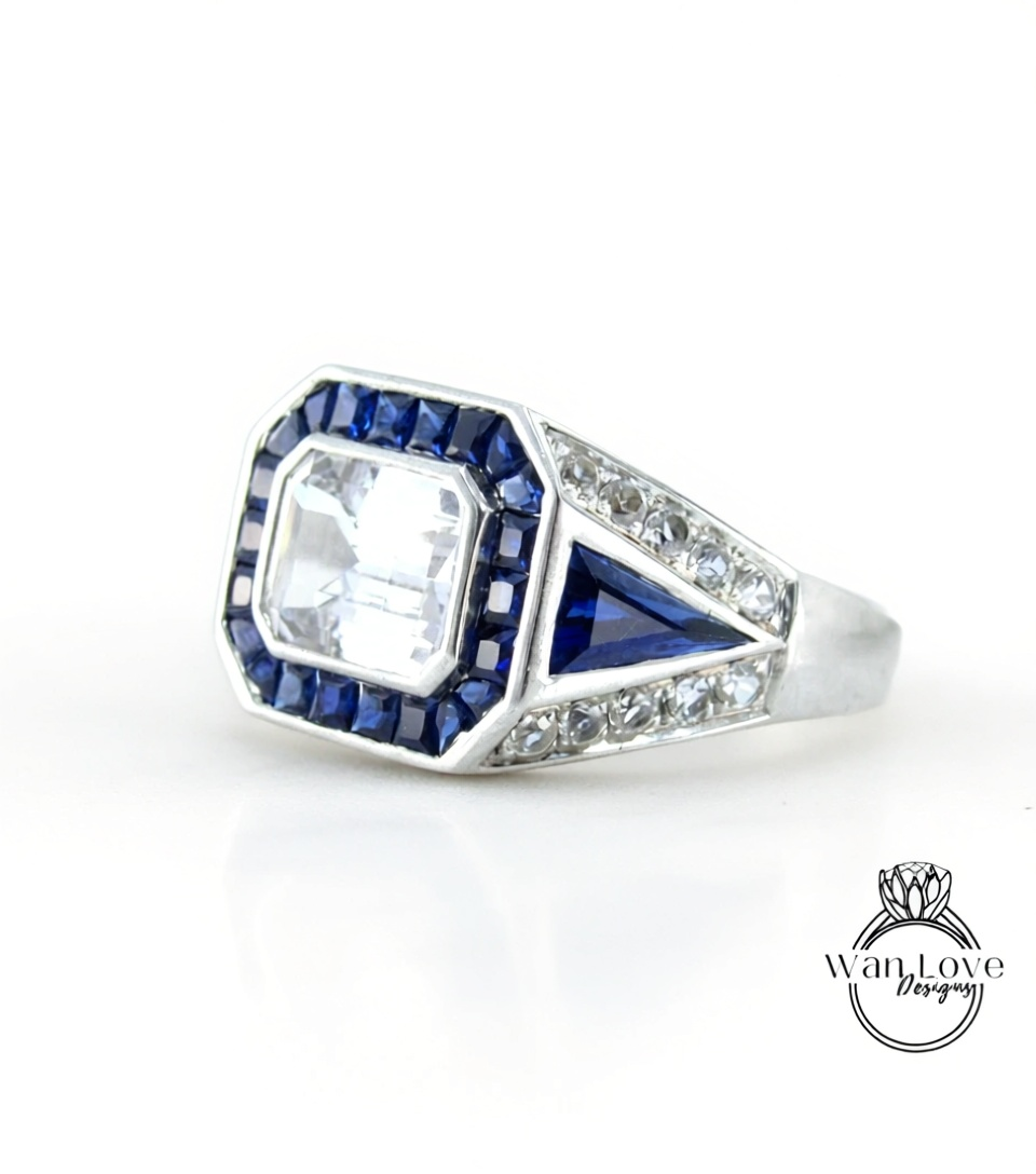 Art Deco Mens Wedding Ring - Mens Blue Sapphire Diamond Ring - Emerald cut Bezel Set Mens Ring - Mans Moissanite Ring - Birthstone Mans Ring
