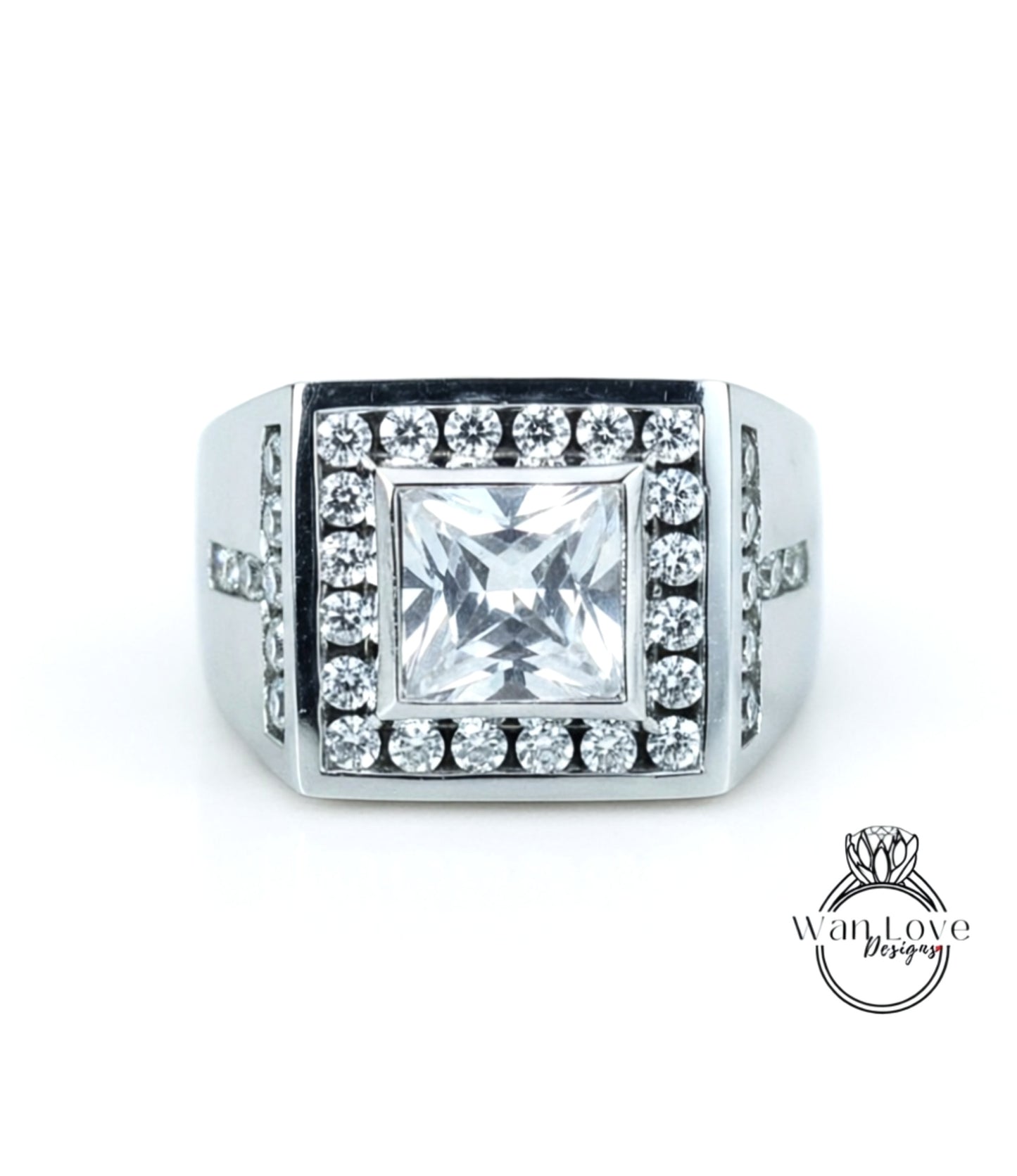 Anello da uomo con zaffiro bianco art deco Princess Halo Wedding Band 3ct Square halo mans Anello di fidanzamento nuziale regalo unico per lui-Pronto per la spedizione