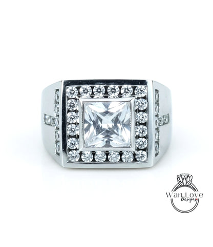 Anello da uomo con zaffiro bianco art deco Princess Halo Wedding Band 3ct Square halo mans Anello di fidanzamento nuziale regalo unico per lui-Pronto per la spedizione