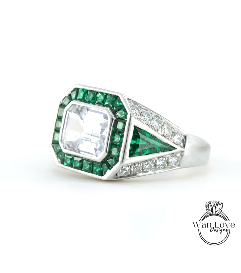 Mens Moissanite & Emerald Ring Art Deco Wedding Band Ring Bezel 3ct 9x7mm 14k 18k White Yellow Rose Gold-Platinum-Custom-Engagement