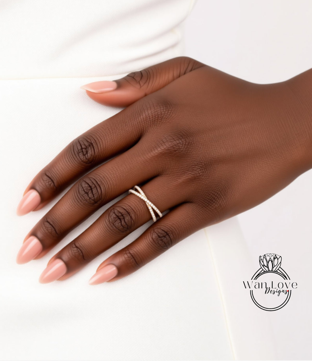 A close-up of a hand wearing a ring on the ring finger.