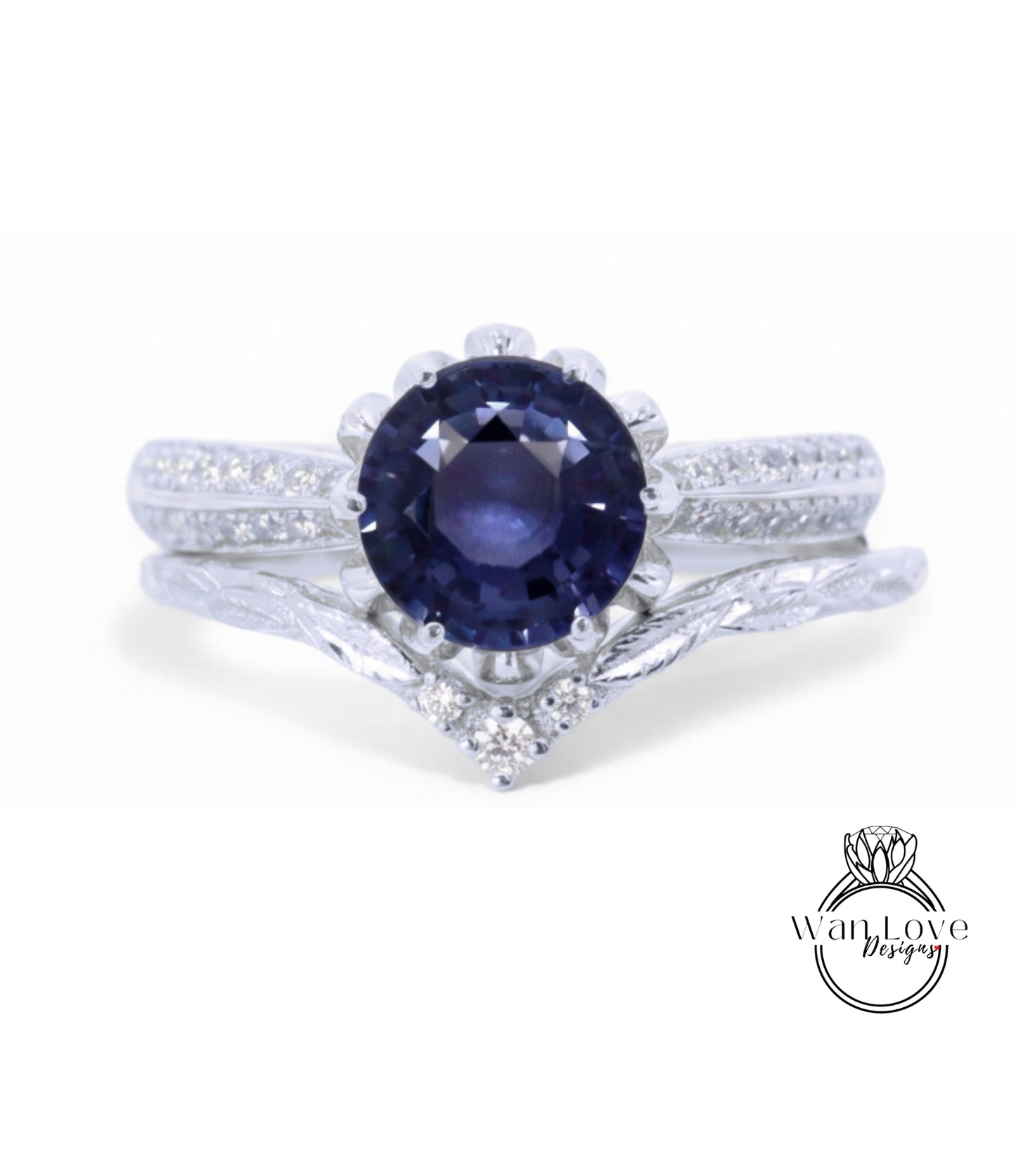 A close-up view of a silver ring with a large blue gemstone at the center, surrounded by smaller diamonds.