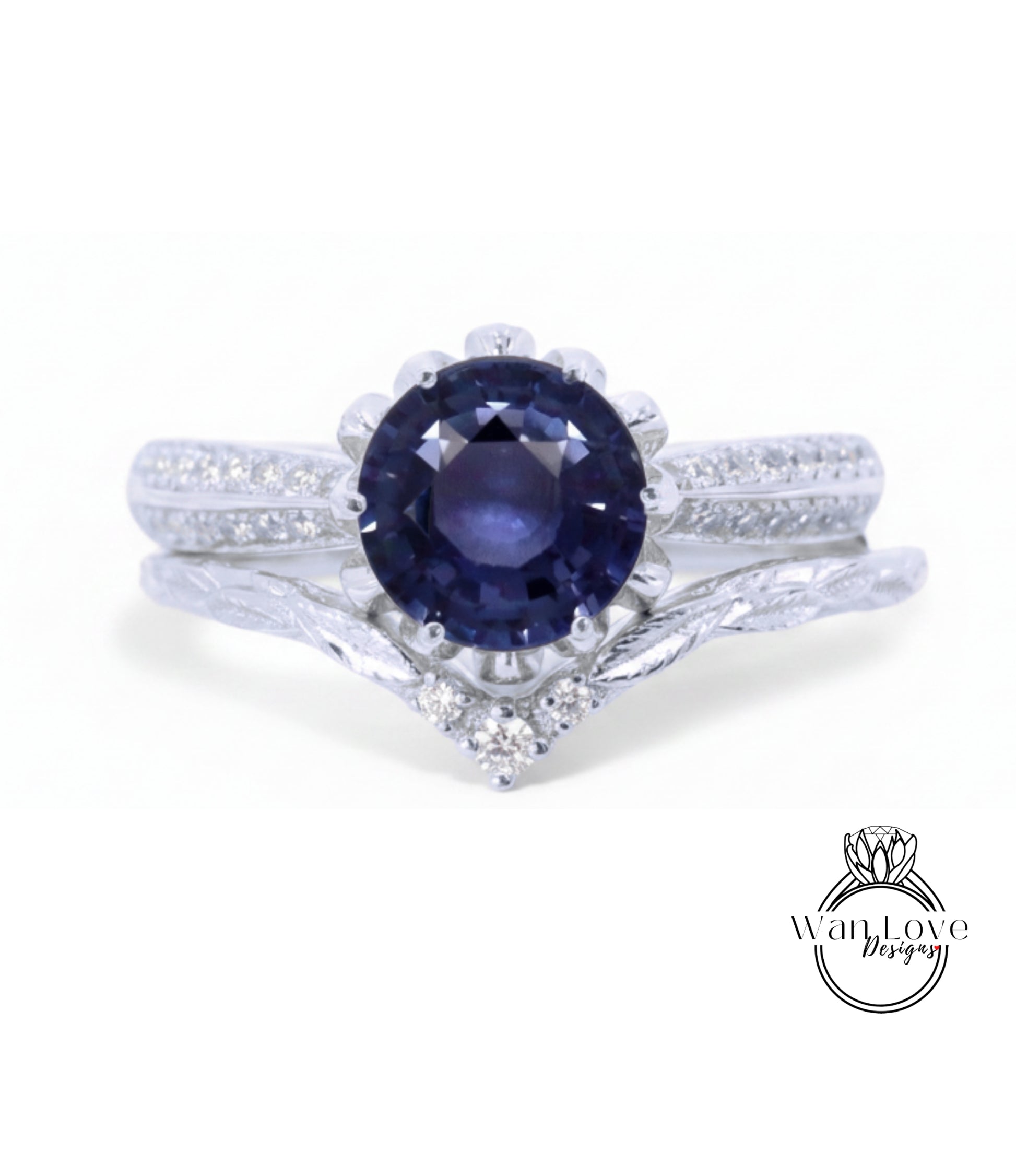 A close-up view of a silver ring with a large blue gemstone at the center, surrounded by smaller diamonds.