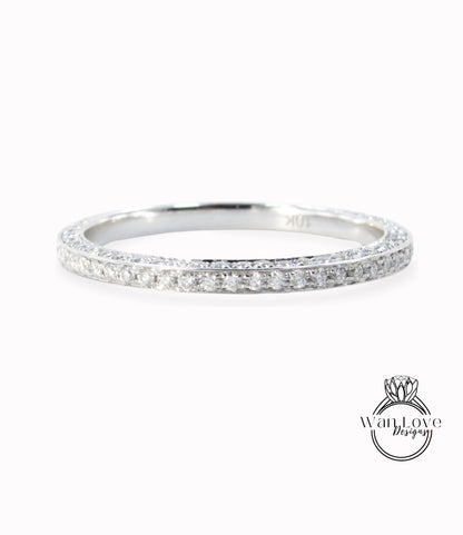 Diamond Pave 3 Row Half Eternity Wedding Band Ring womans 14k 18k White Yellow Rose Gold-Platinum-Custom made your sz-Engagement-Anniversary