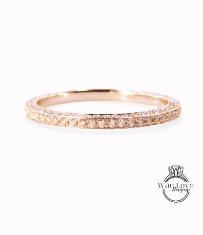 Diamond Pave 3 Row Half Eternity Wedding Band Ring womans 14k 18k White Yellow Rose Gold-Platinum-Custom made your sz-Engagement-Anniversary