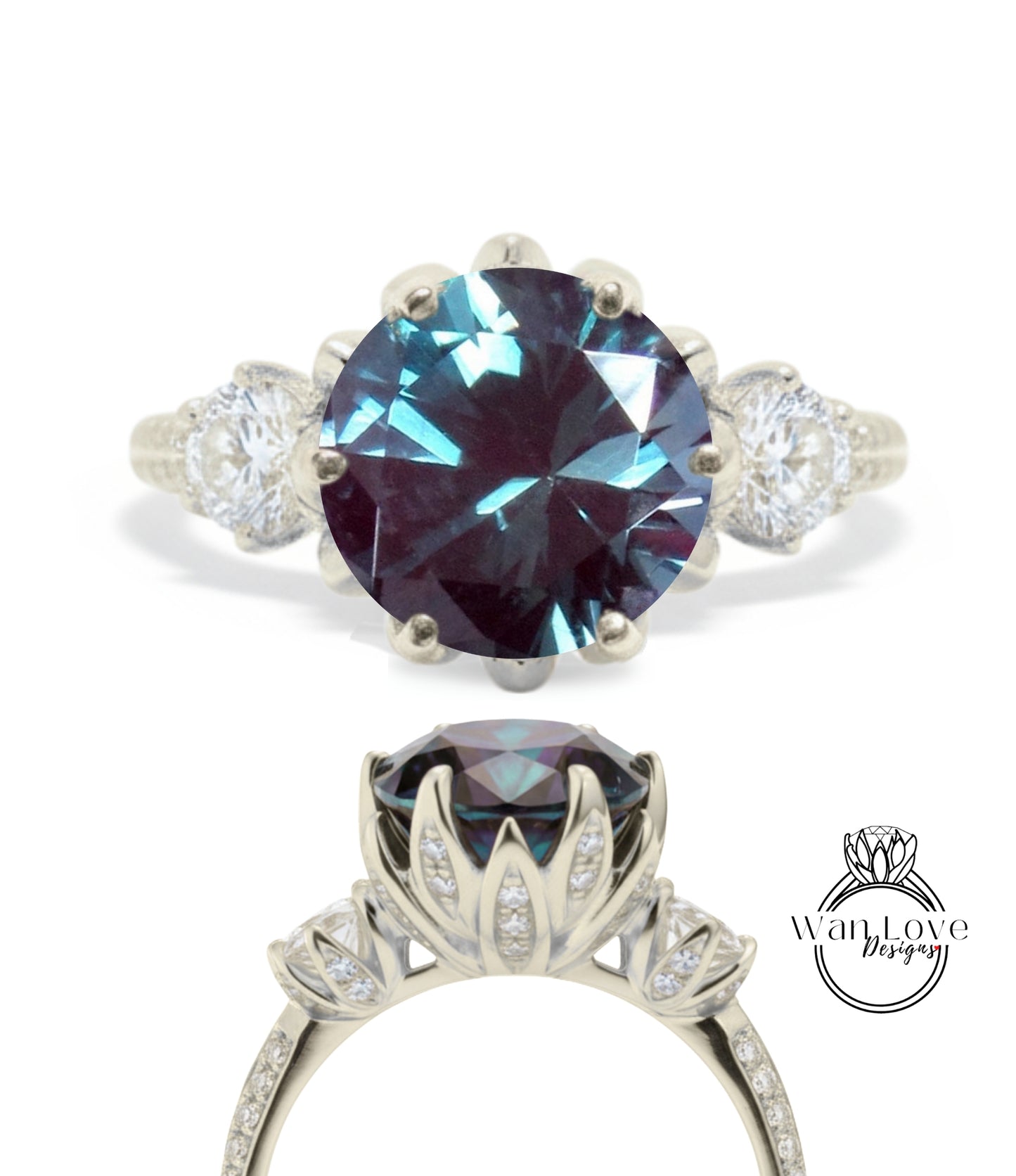 a silver ring with a large blue gemstone, likely a sapphire, set in a decorative floral design.