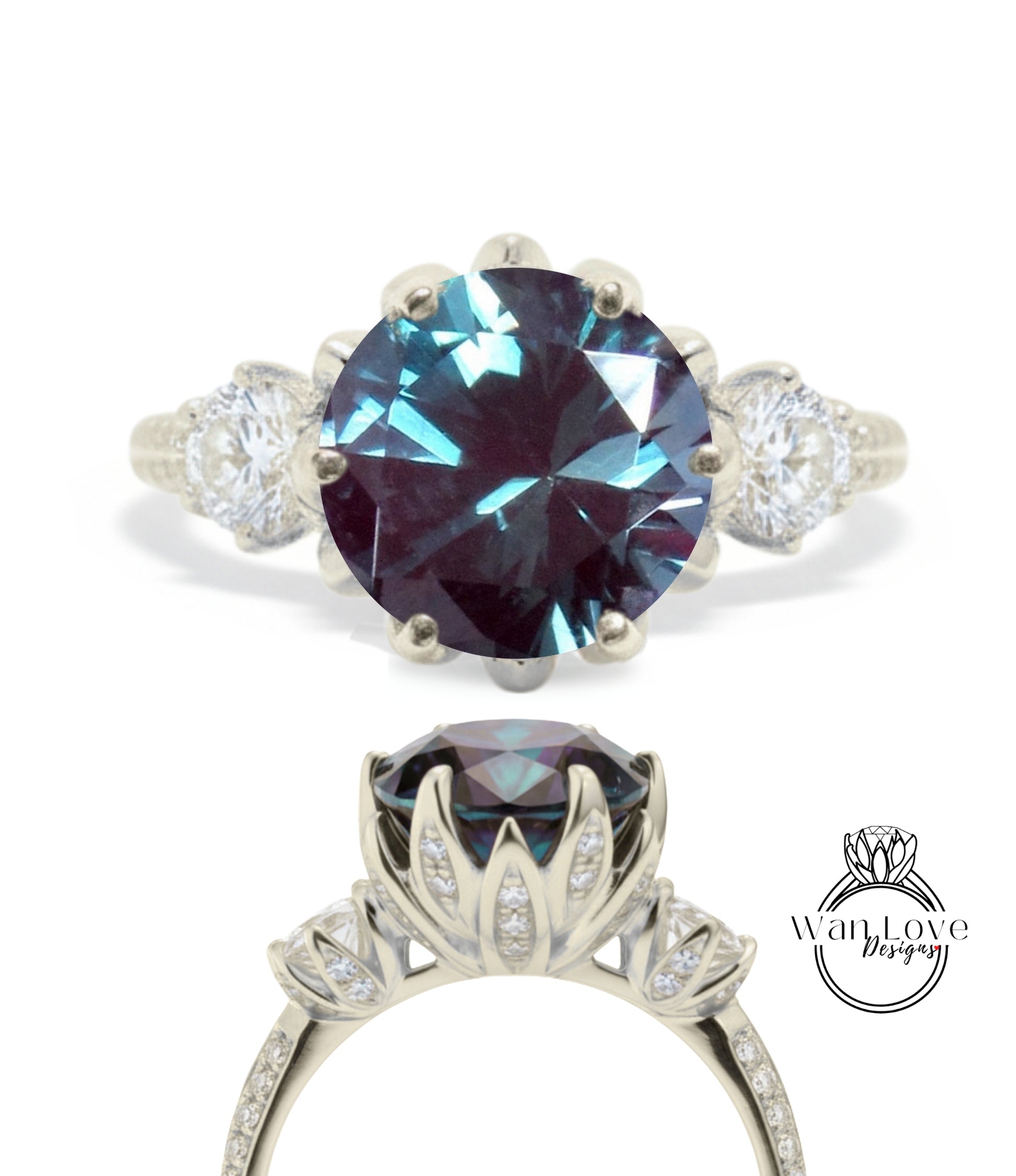 a silver ring with a large blue gemstone, likely a sapphire, set in a decorative floral design.