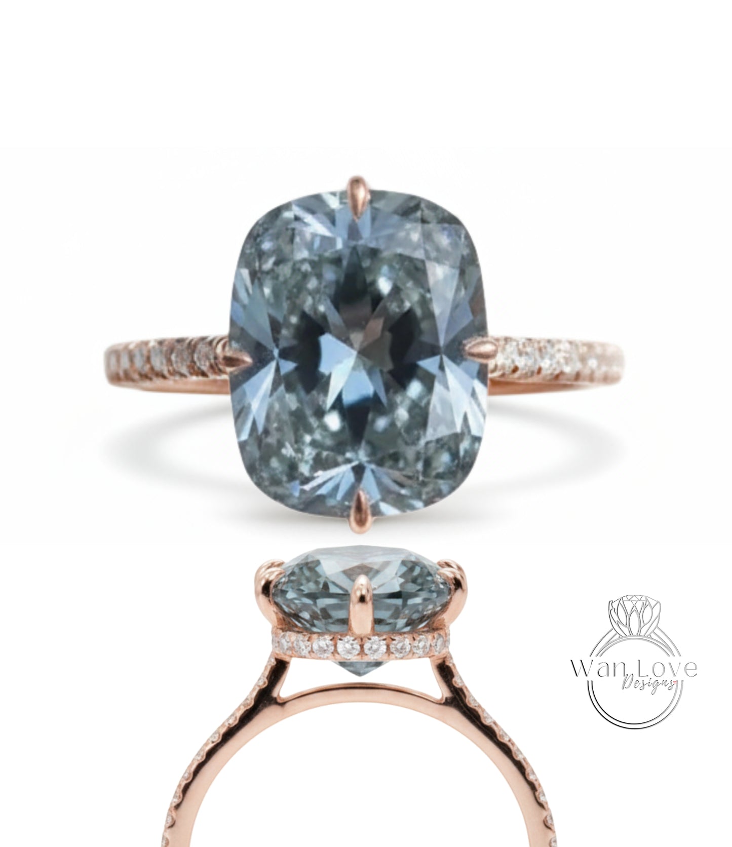 A rose gold engagement ring with a large blue diamond as the centerpiece.