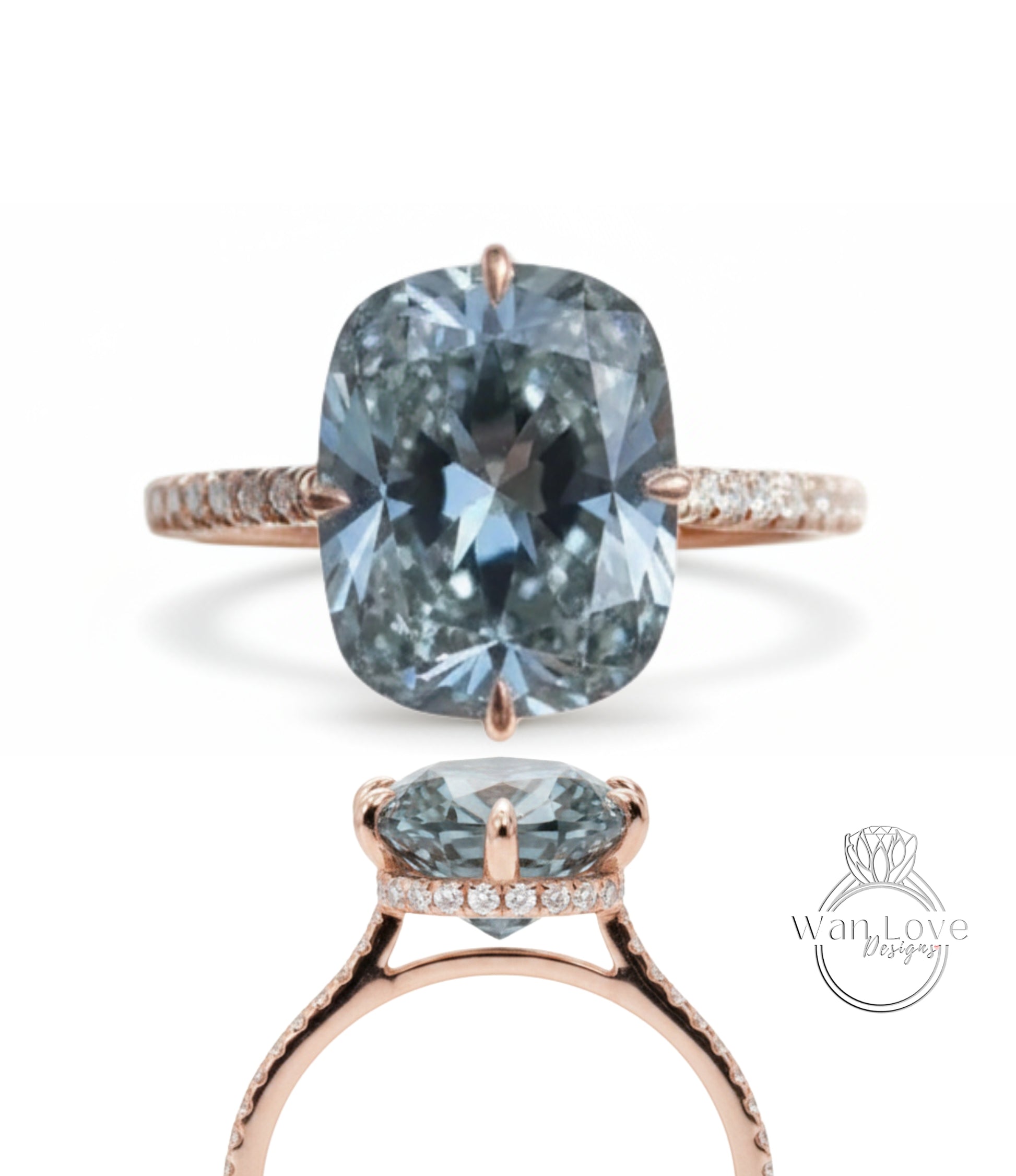A rose gold engagement ring with a large blue diamond as the centerpiece.