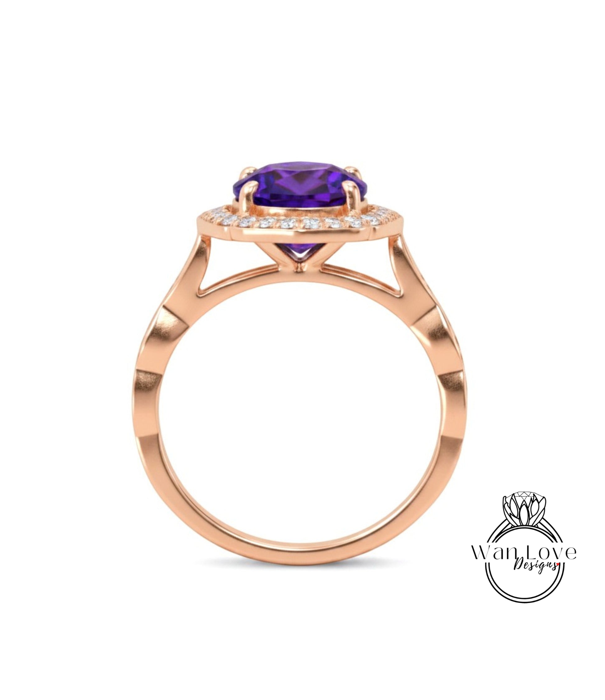 A gold ring with a large purple gemstone set in the center, surrounded by smaller diamonds.