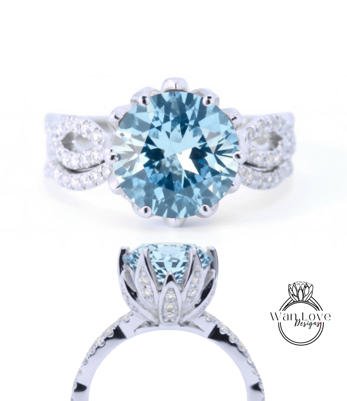 A stunning blue gemstone ring with a large central stone surrounded by smaller stones, set in a silver band with a delicate flower-like design.
