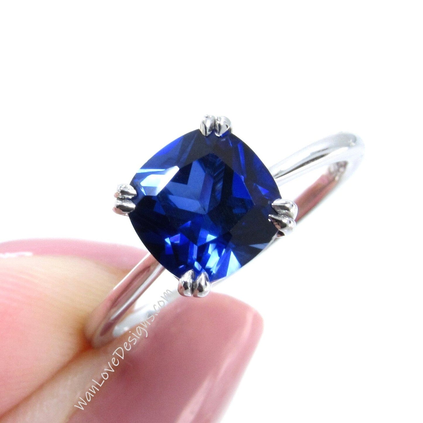 3ct Cushion cut Blue Sapphire engagement ring solitaire ring 4 prong art deco wedding solitaire ring Bridal ring Anniversary promise, Ready Wan Love Designs