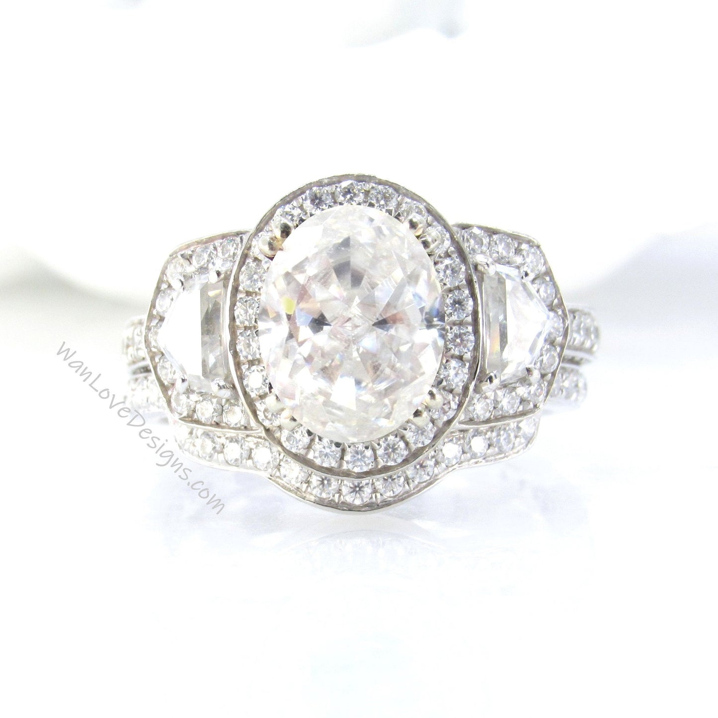 3ct Diamond Oval half moon trapezoid Engagement Ring Set Curved Nesting Wedding Band Art deco ring Oval Cut Engagement Ring, Bridal Gift Wan Love Designs