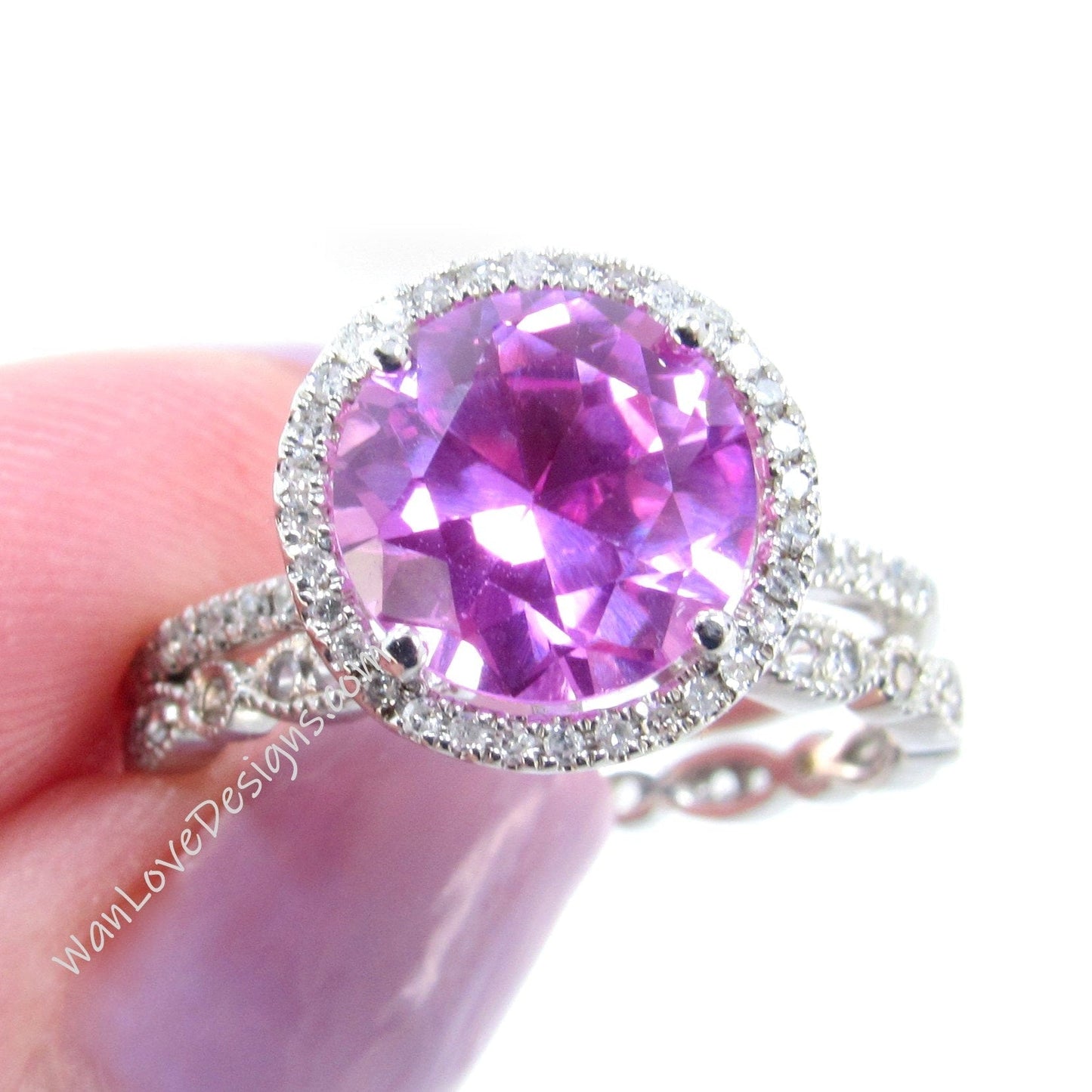 3ct Pink Sapphire Diamond Halo Engagement Ring Set Round halo Full Eternity art deco Milgrain Leaf Wedding Band set vintage bridal jewelry Wan Love Designs