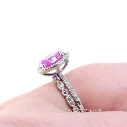3ct Pink Sapphire Diamond Halo Engagement Ring Set Round halo Full Eternity art deco Milgrain Leaf Wedding Band set vintage bridal jewelry Wan Love Designs