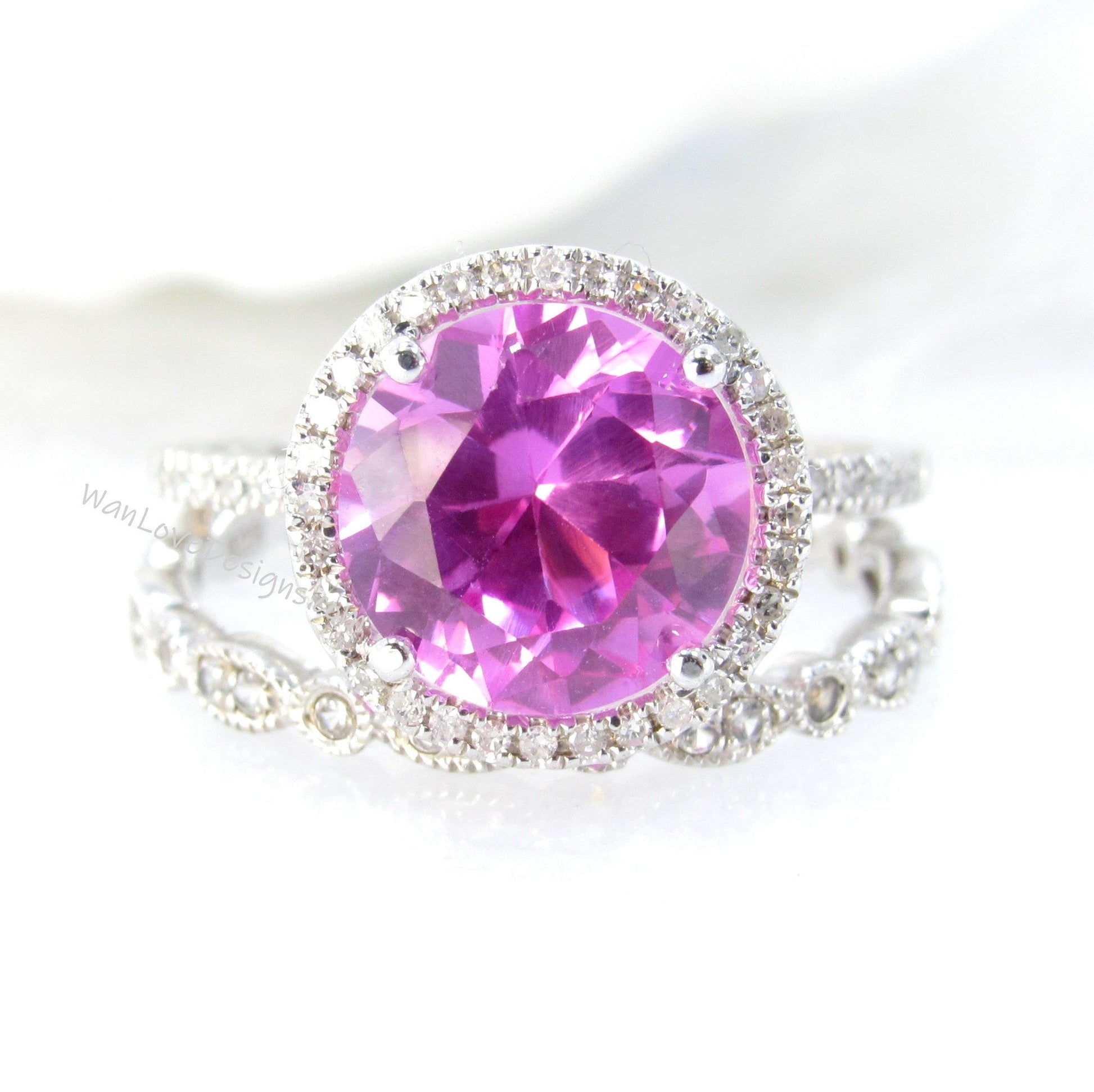 3ct Pink Sapphire Diamond Halo Engagement Ring Set Round halo Full Eternity art deco Milgrain Leaf Wedding Band set vintage bridal jewelry Wan Love Designs