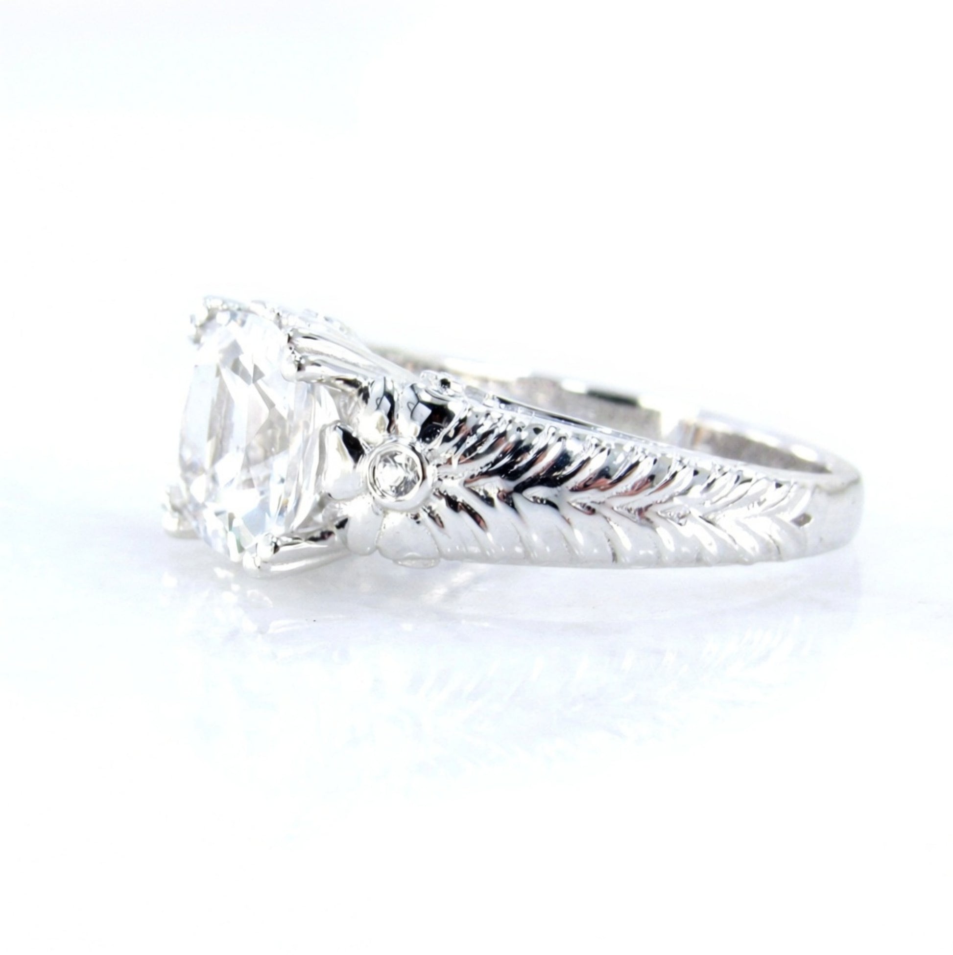 White gold White Sapphire engagement ring vintage engraved flower ring statement ring unique floral Bridal Promise Anniversary ring-Ready