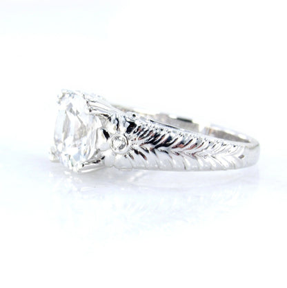 White gold White Sapphire engagement ring vintage engraved flower ring statement ring unique floral Bridal Promise Anniversary ring-Ready