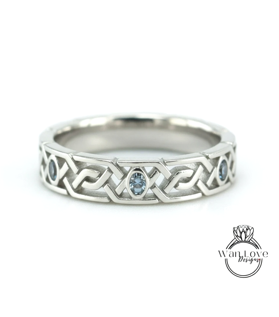 Celtic Knot Diamond Mens Wedding Band, Celtic Pattern Band, 14k White Gold Braided Ring, Mens Promise Band, Mans Birthstone Commitment Band
