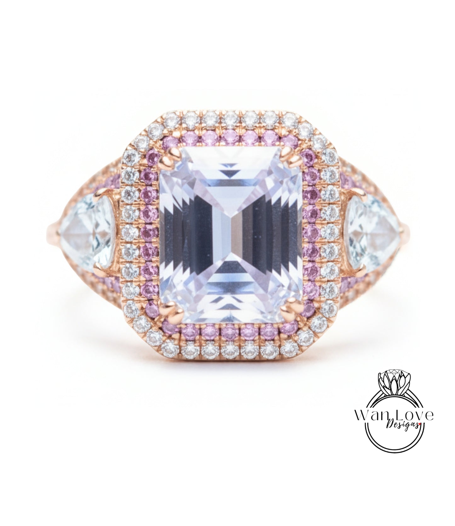 A large, ornate ring featuring a large central gemstone surrounded by smaller gemstones and diamonds in a pink and white color scheme.