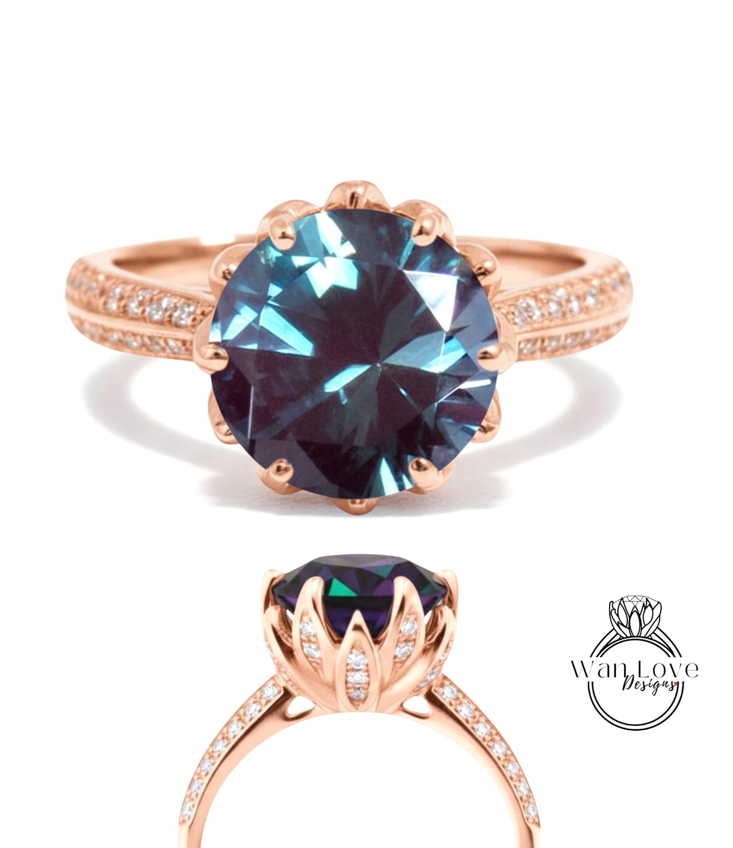 a large, blue gemstone ring with a rose gold band and small diamonds.