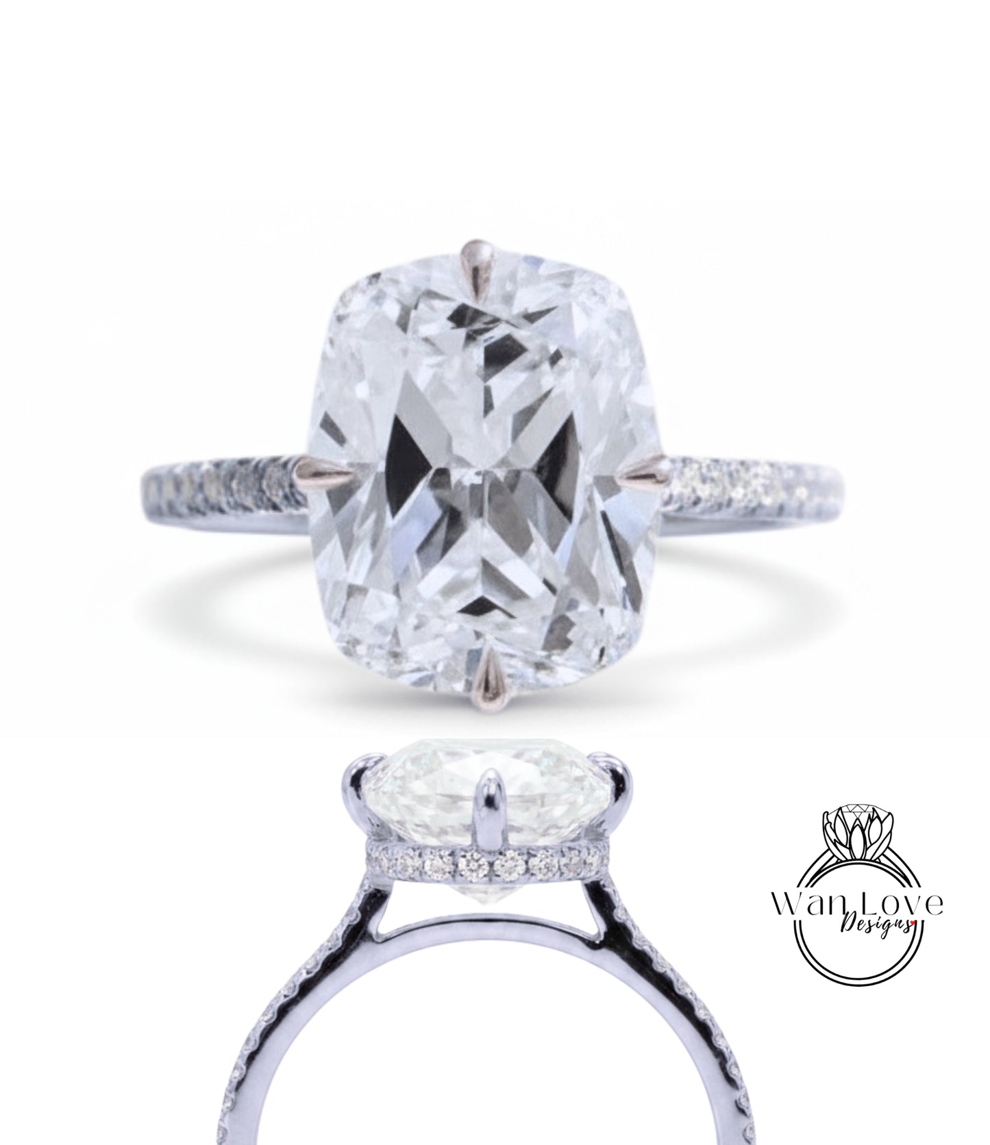 A large, clear diamond engagement ring with a halo of smaller diamonds around the center stone.