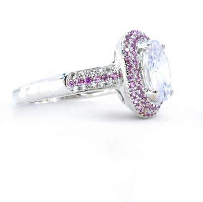 Lab Diamond White & Pink Sapphire Pave 2 Double Halo 3 Row Band Engagement Ring 3ct Oval pave white pink sapphire Anniversary Gift-Ready Wan Love Designs